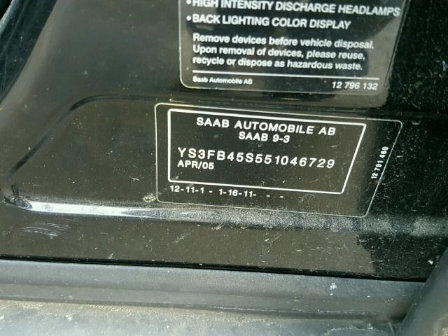 YS3FB45S551046729 - 2005 SAAB 9-3 LINEAR BLACK photo 10