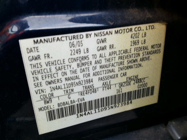 1N4AL11D95N923984 - 2005 NISSAN ALTIMA S BLUE photo 10