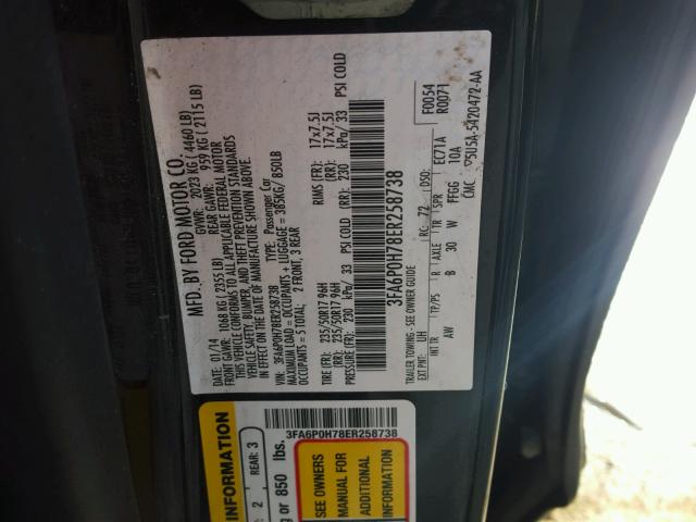 3FA6P0H78ER258738 - 2014 FORD FUSION SE BLACK photo 10