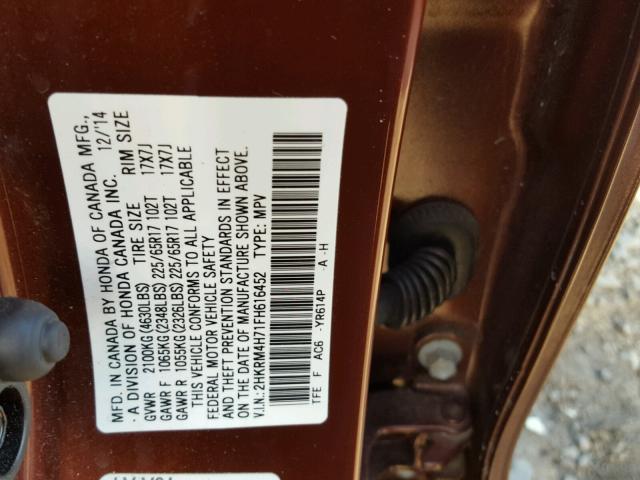 2HKRM4H71FH616452 - 2015 HONDA CR-V EXL MAROON photo 10