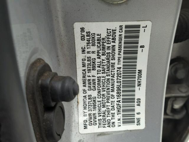 1HGFA16896L072074 - 2006 HONDA CIVIC EX SILVER photo 10