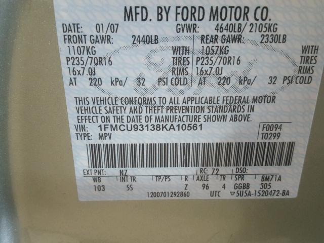 1FMCU93138KA10561 - 2008 FORD ESCAPE XLT GREEN photo 10