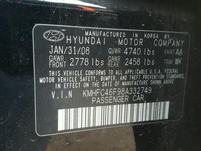 KMHFC46F98A332749 - 2008 HYUNDAI AZERA SE BLACK photo 10