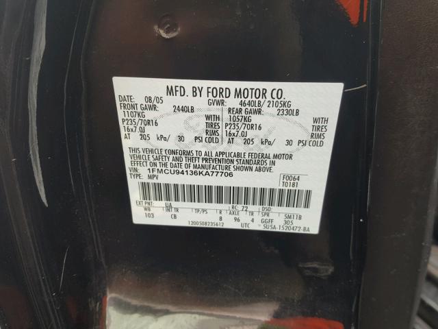 1FMCU94136KA77706 - 2006 FORD ESCAPE LIM BLACK photo 10