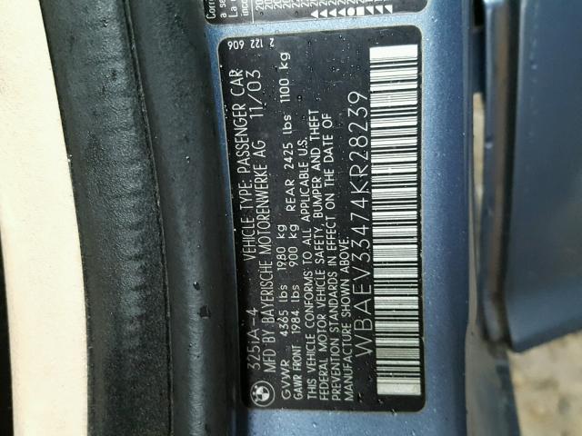 WBAEV33474KR28239 - 2004 BMW 325 I BLUE photo 10