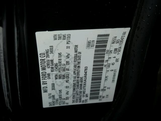 1FMEU7E8XAUA94783 - 2010 FORD EXPLORER E BLACK photo 10