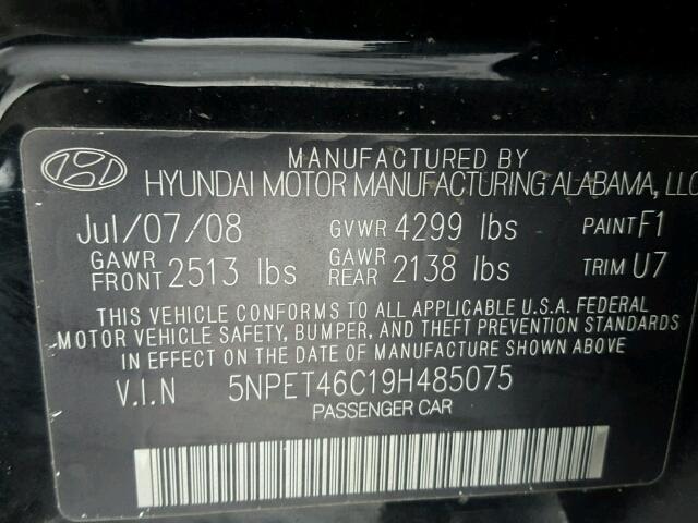 5NPET46C19H485075 - 2009 HYUNDAI SONATA GLS BLACK photo 10