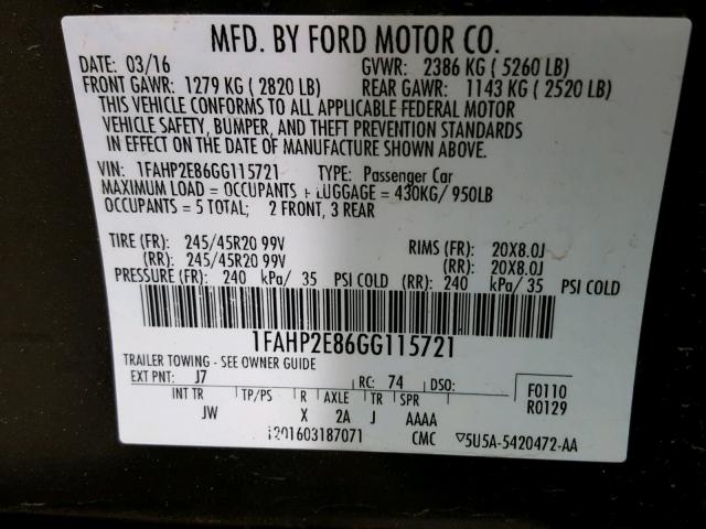 1FAHP2E86GG115721 - 2016 FORD TAURUS SEL CHARCOAL photo 10