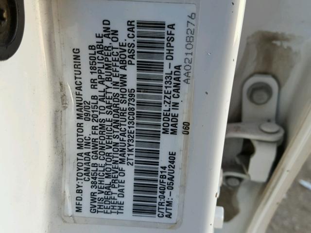 2T1KY32E13C087395 - 2003 TOYOTA COROLLA MA WHITE photo 10