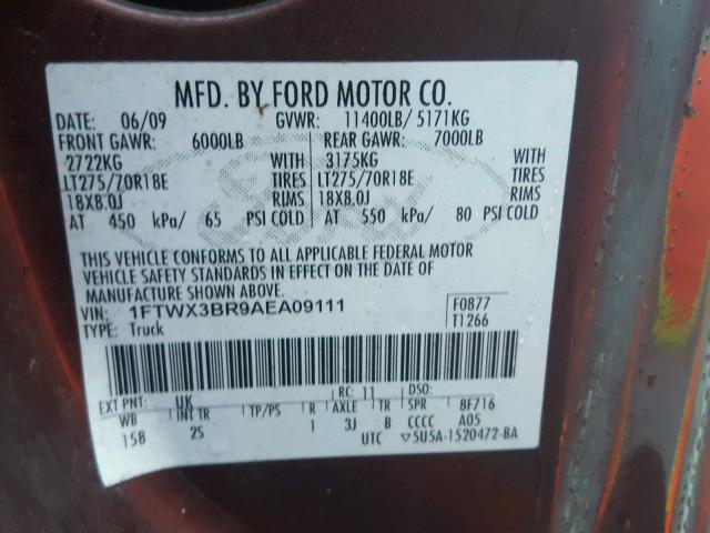 1FTWX3BR9AEA09111 - 2010 FORD F350 SUPER MAROON photo 10