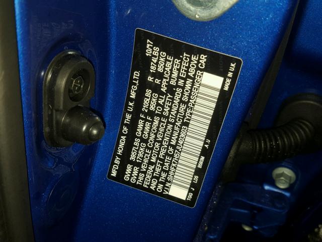 SHHFK7H57JU403603 - 2018 HONDA CIVIC EX ლურჯი ფოტო 10