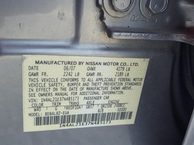 1N4AL21E37N485173 - 2007 NISSAN ALTIMA 2.5 GRAY photo 10