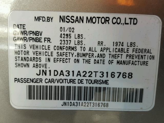 JN1DA31A22T316768 - 2002 NISSAN MAXIMA GLE BEIGE photo 10