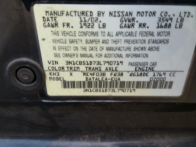 3N1CB51D73L790719 - 2003 NISSAN SENTRA XE BLACK photo 10