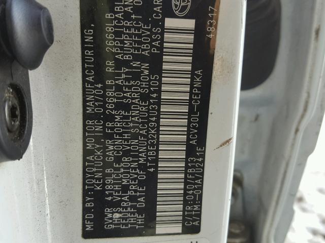 4T1BE32K94U314105 - 2004 TOYOTA CAMRY LE თეთრი ფოტო 10