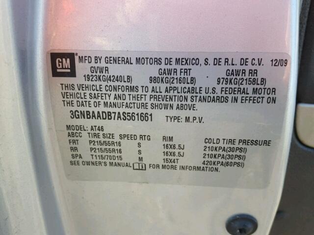 3GNBAADB7AS561661 - 2010 CHEVROLET HHR LS SILVER photo 10