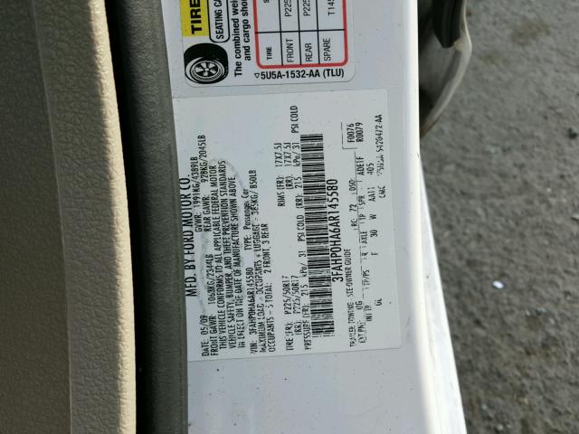 3FAHP0HA6AR145580 - 2010 FORD FUSION WHITE photo 10