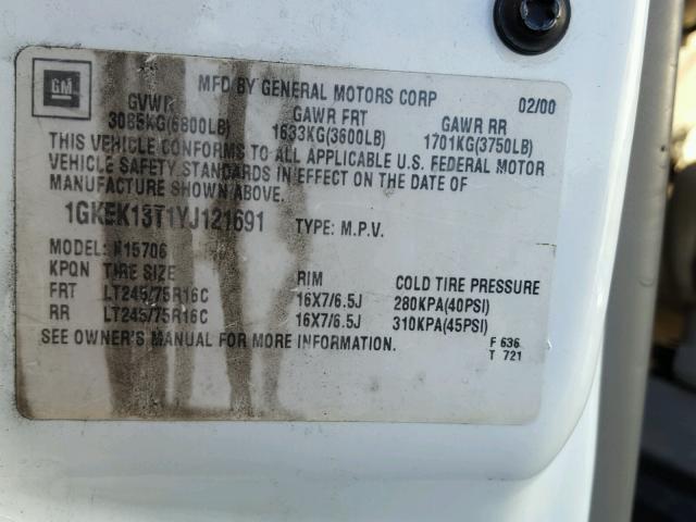 1GKEK13T1YJ121691 - 2000 GMC YUKON WHITE photo 10