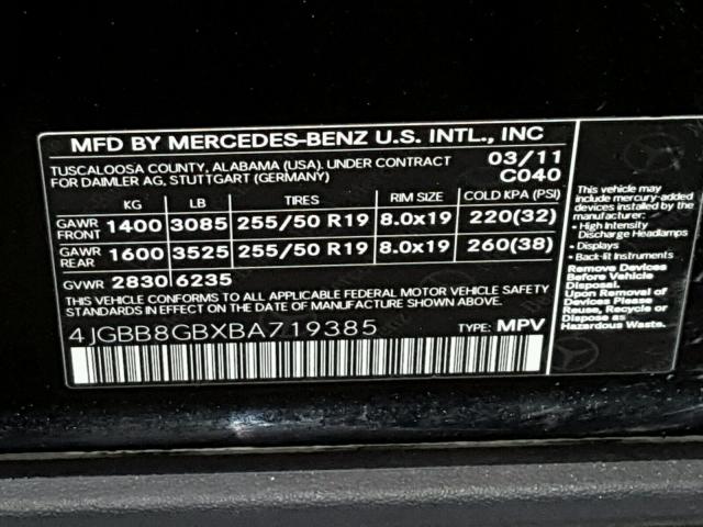 4JGBB8GBXBA719385 - 2011 MERCEDES-BENZ ML 350 4MA BLACK photo 10