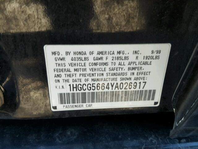 1HGCG5664YA026917 - 2000 HONDA ACCORD EX BLACK photo 10