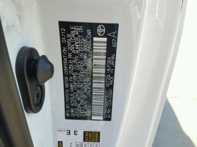 JTKJF5C7XC3037738 - 2012 TOYOTA SCION TC 白色 照片 10