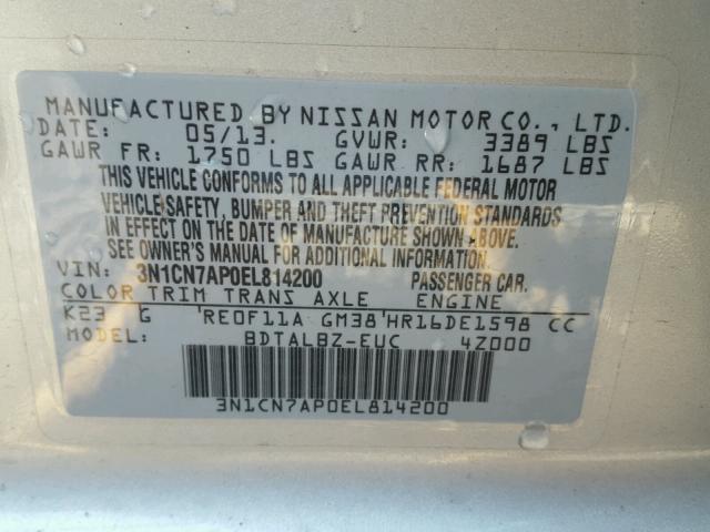 3N1CN7AP0EL814200 - 2014 NISSAN VERSA S SILVER photo 10