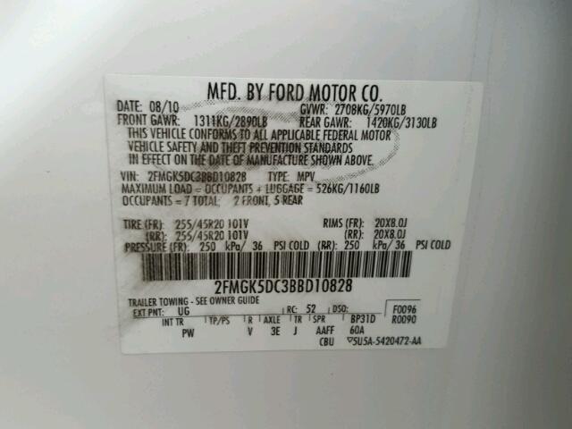 2FMGK5DC3BBD10828 - 2011 FORD FLEX LIMIT WHITE photo 10