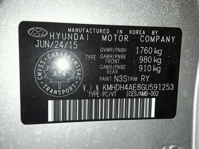 KMHDH4AE8GU591253 - 2016 HYUNDAI ELANTRA SE SILVER photo 10