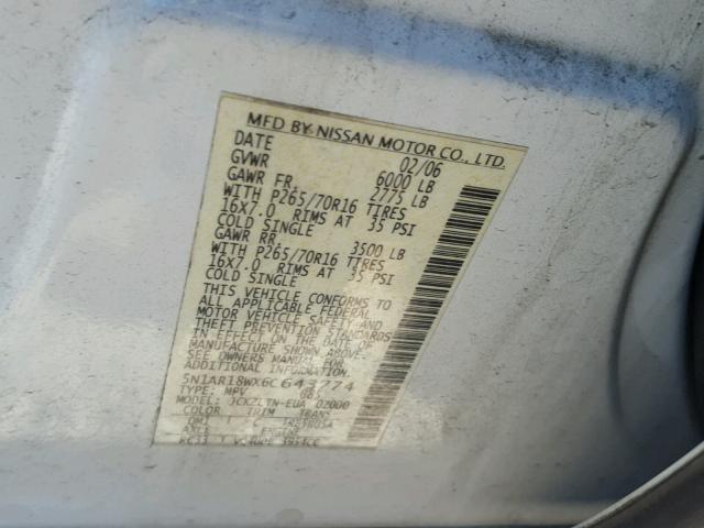 5N1AR18WX6C643774 - 2006 NISSAN PATHFINDER WHITE photo 10