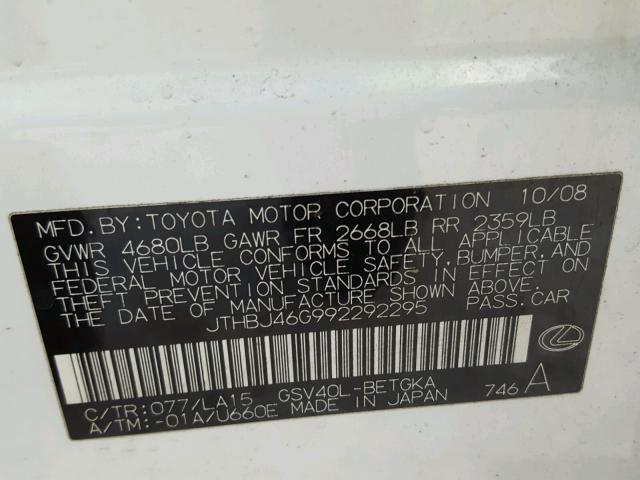 JTHBJ46G992292295 - 2009 LEXUS ES 350 WHITE photo 10