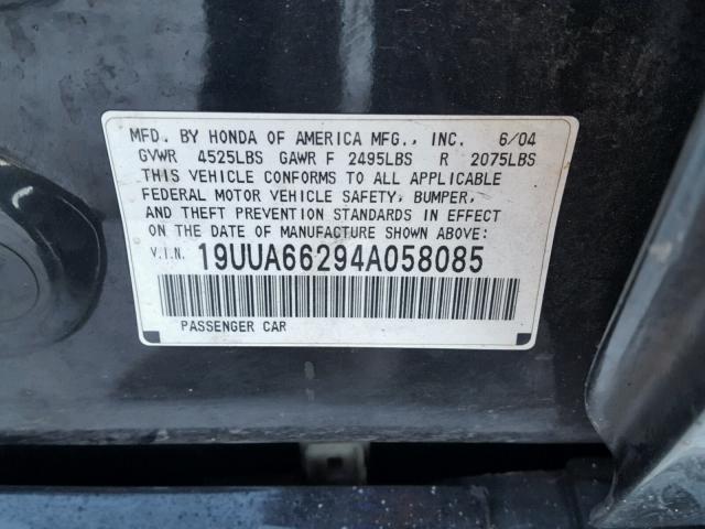 19UUA66294A058085 - 2004 ACURA TL BLACK photo 10