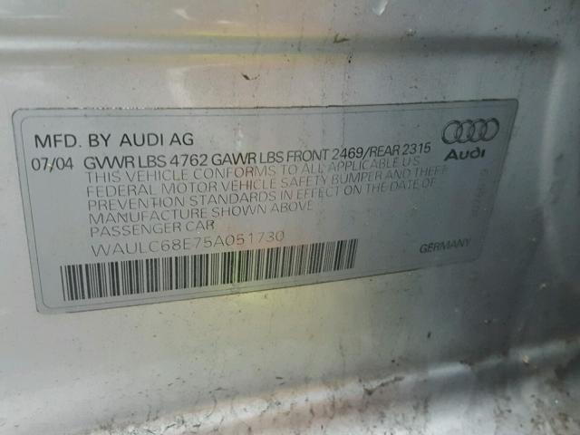 WAULC68E75A051730 - 2005 AUDI A4 1.8T QU SILVER photo 10