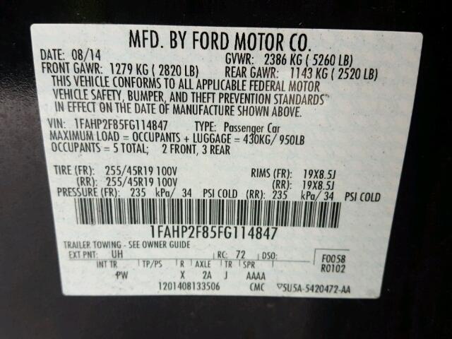 1FAHP2F85FG114847 - 2015 FORD TAURUS LIM BLACK photo 10