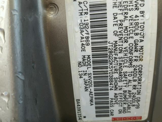 JT2BG22K5Y0388474 - 2000 TOYOTA CAMRY CE GRAY photo 10