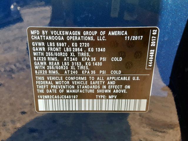 1V2NR2CA0JC540197 - 2018 VOLKSWAGEN ATLAS SEL Mavi foto 10