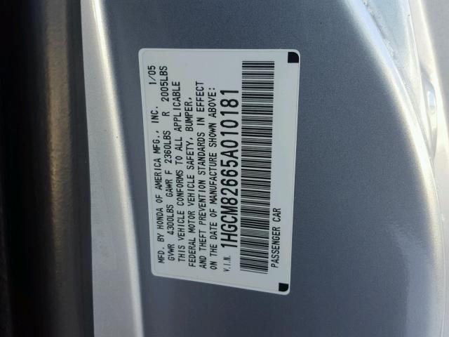 1HGCM82665A010181 - 2005 HONDA ACCORD EX SILVER photo 10