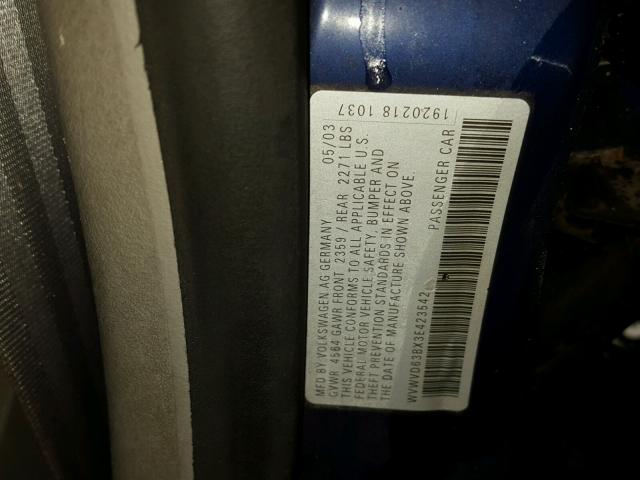 WVWVD63BX3E423542 - 2003 VOLKSWAGEN PASSAT GLS BLUE photo 10