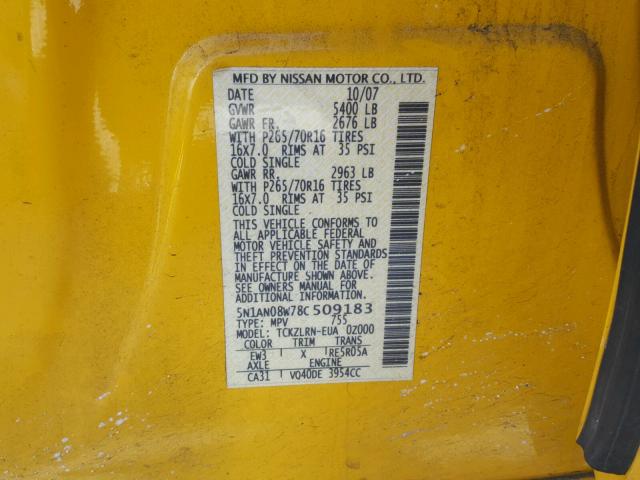 5N1AN08W78C509183 - 2008 NISSAN XTERRA OFF YELLOW photo 10