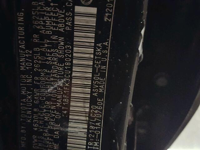 4T1BF1FK3CU180203 - 2012 TOYOTA CAMRY BASE BLACK photo 10