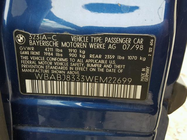 WBABJ8333WEM22699 - 1998 BMW 323 IC AUT BLUE photo 10