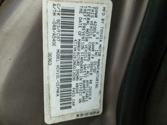 4T1VK12E2NU013598 - 1992 TOYOTA CAMRY LE GRAY photo 10