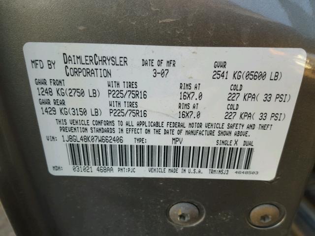 1J8GL48K07W662406 - 2007 JEEP LIBERTY SP BROWN photo 10