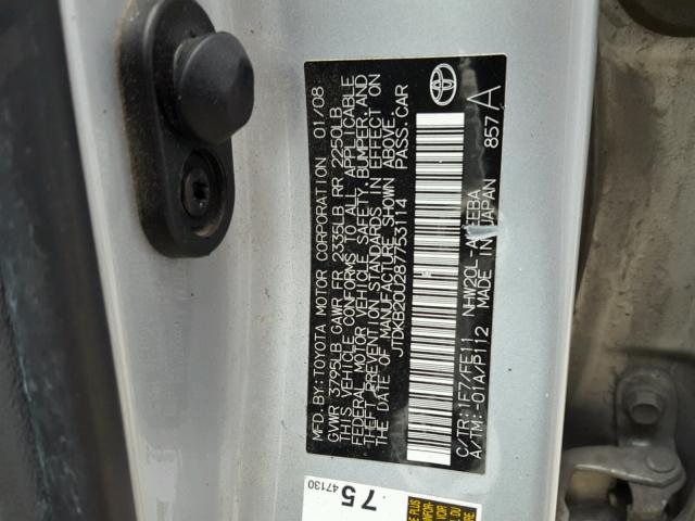 JTDKB20U287753114 - 2008 TOYOTA PRIUS SILVER photo 10