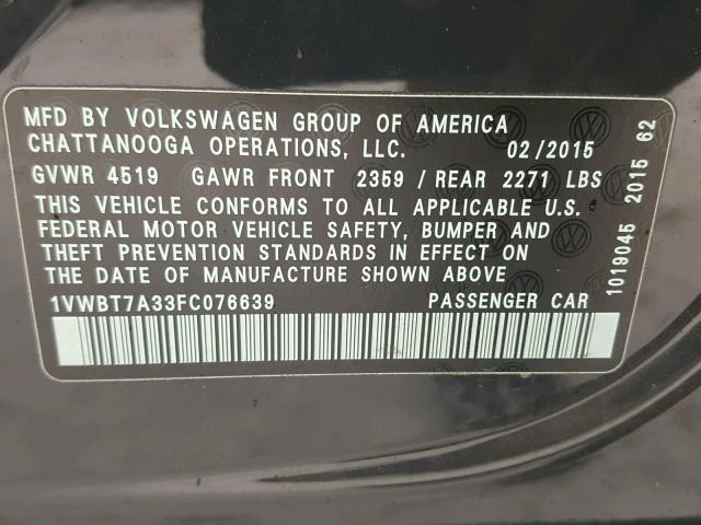 1VWBT7A33FC076639 - 2015 VOLKSWAGEN PASSAT SE BLACK photo 10