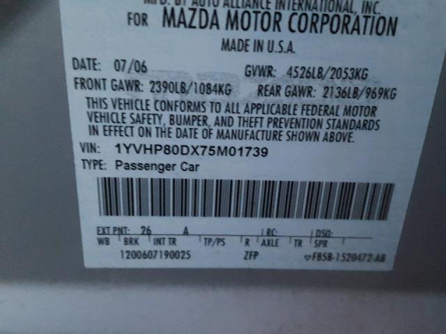 1YVHP80DX75M01739 - 2007 MAZDA 6 S 灰色 照片 10