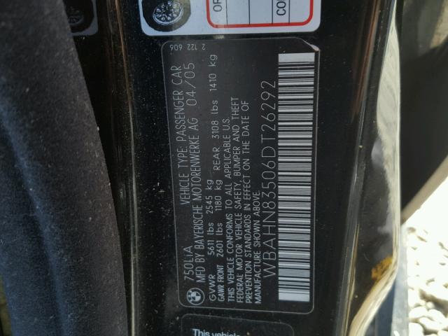 WBAHN83506DT26292 - 2006 BMW 750 LI BLACK photo 10