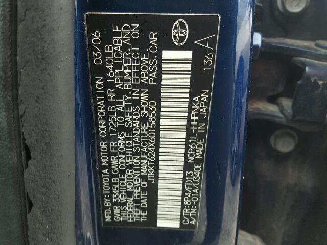 JTKKT624X60158530 - 2006 TOYOTA SCION XA BLUE photo 10