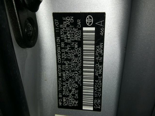 JTKDE167780263006 - 2008 TOYOTA SCION TC 银色 照片 10