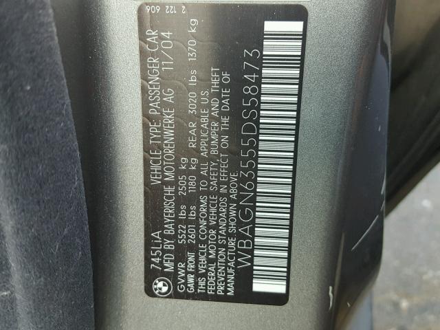 WBAGN63555DS58473 - 2005 BMW 745 LI GRAY photo 10