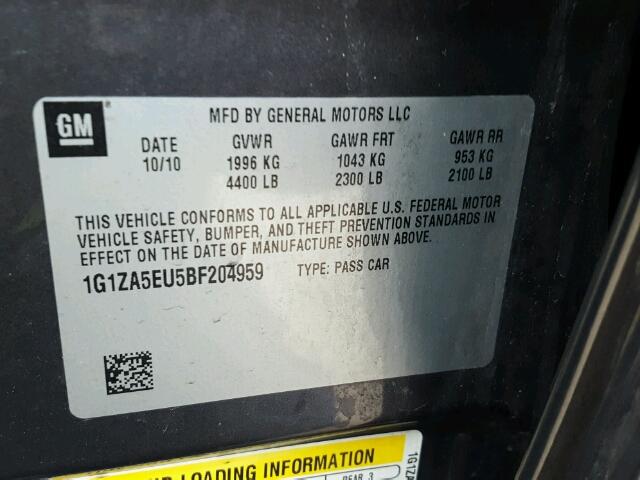 1G1ZA5EU5BF204959 - 2011 CHEVROLET MALIBU LS ნაცრისფერი ფოტო 10